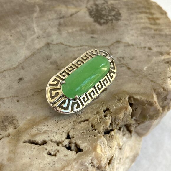 Sterling Silver 925 Oval Green Stone Greek Key Cut Out Brooch - Picture 8 of 16